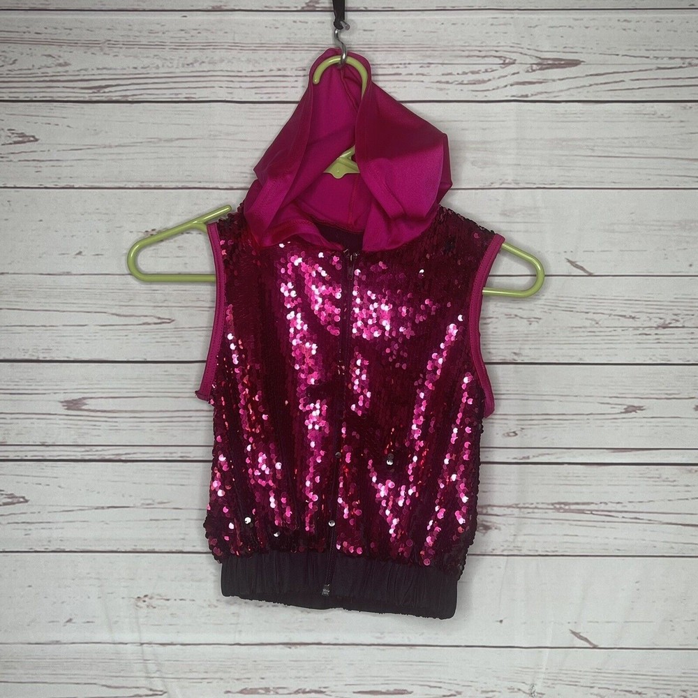 Kids Girls Hoodie Dance Top Sequins Crop Top zip up hooded pink Bling sz 8-10